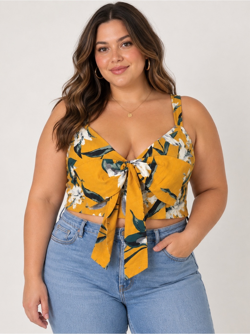 Leith Nordstrom Floral Tie Front Crop Top XXL Mustard Yellow NWT